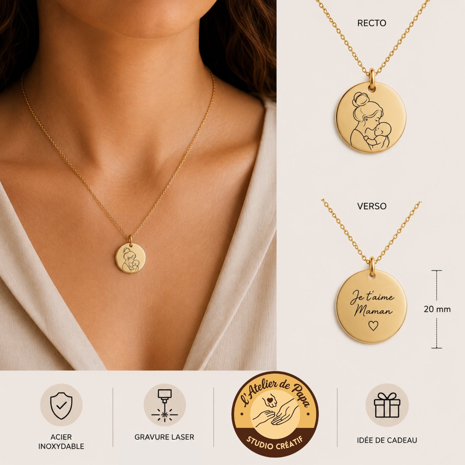 Pendentif personnalisé en acier inoxydable – Gravure Line Art & texte personnalisé