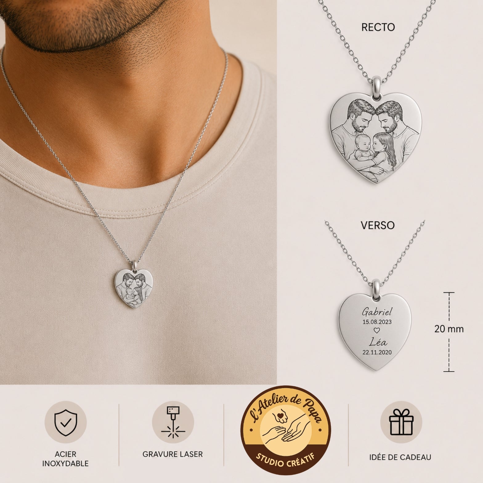 Pendentif personnalisé en acier inoxydable – Gravure Line Art & texte personnalisé