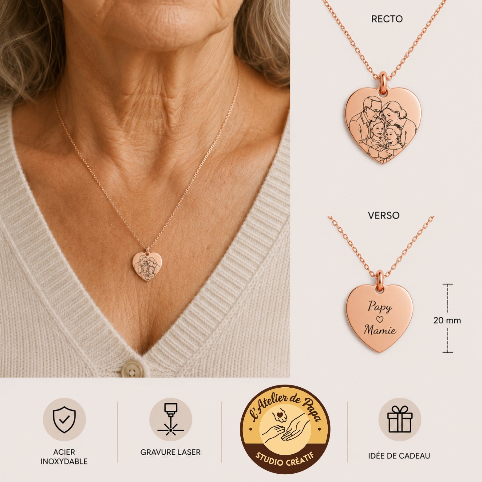 Pendentif personnalisé en acier inoxydable – Gravure Line Art & texte personnalisé