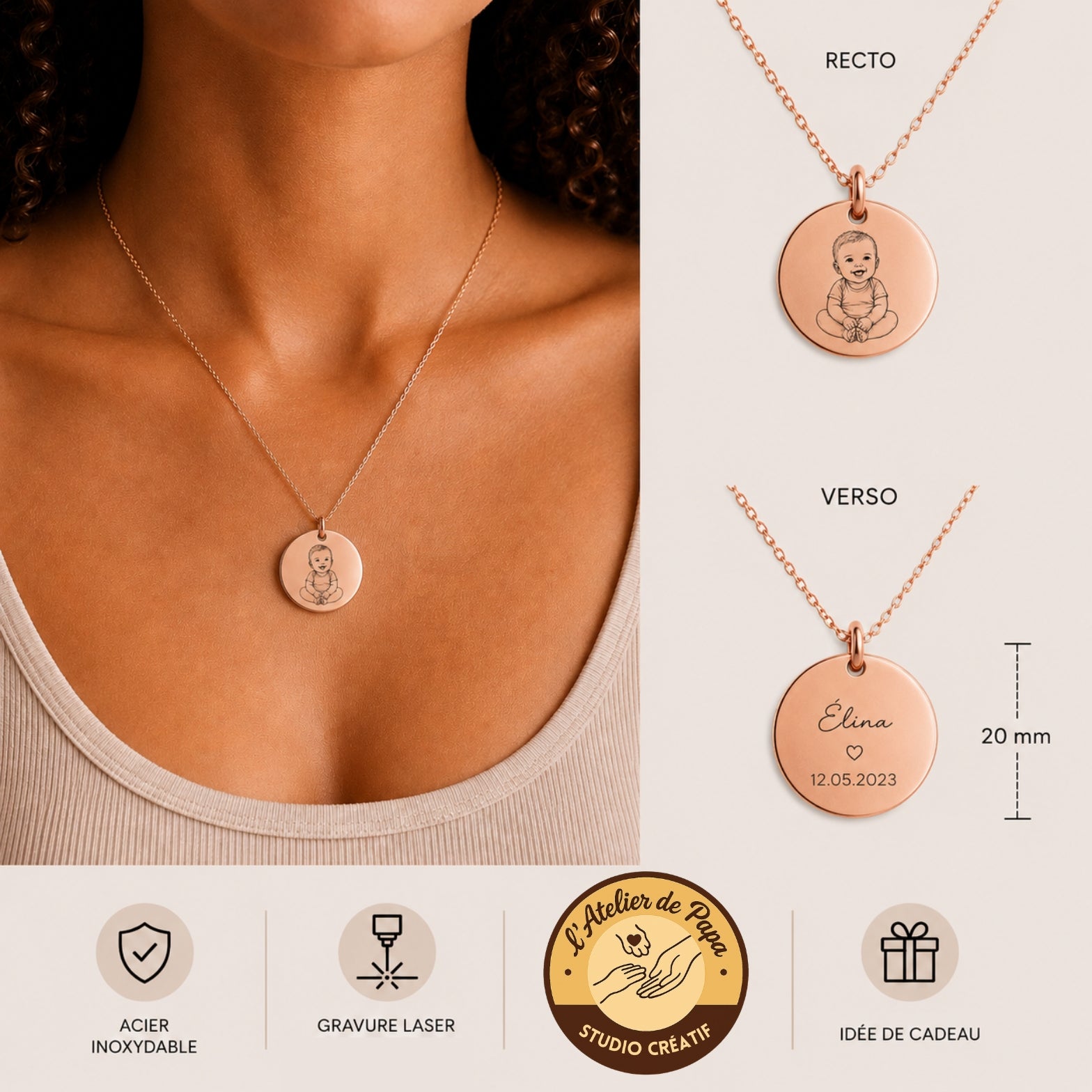 Pendentif personnalisé en acier inoxydable – Gravure Line Art & texte personnalisé