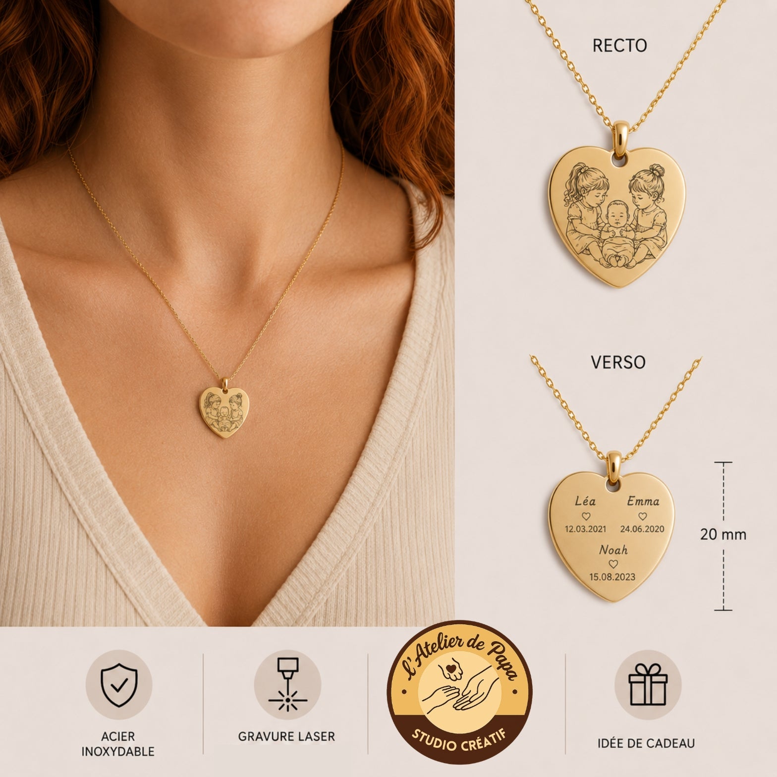 Pendentif personnalisé en acier inoxydable – Gravure Line Art & texte personnalisé