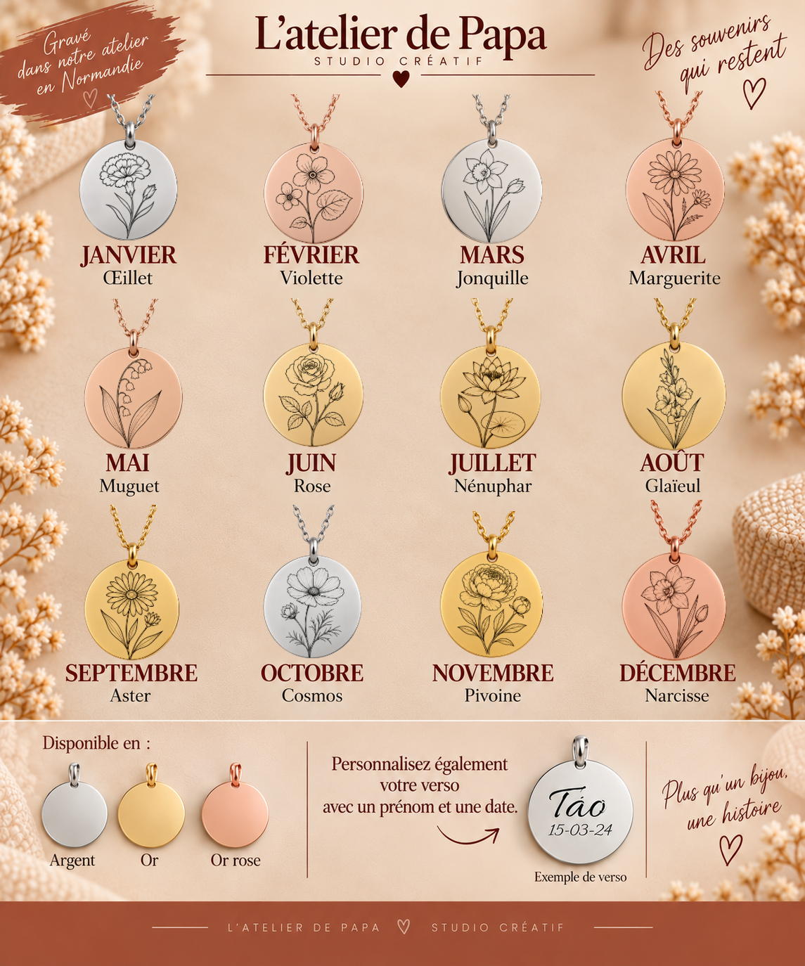 🌸 Pendentif Fleur de Naissance personnalisé